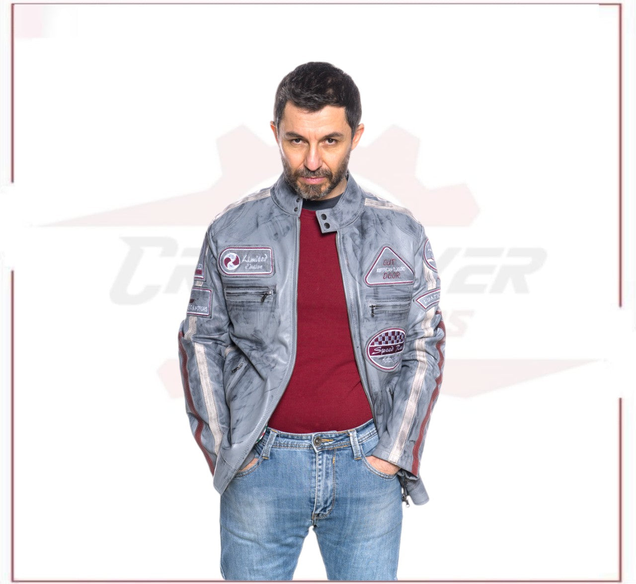 New Biker Man's Jacket in genuine Gray Leather CROSSOVER RACEWEARS