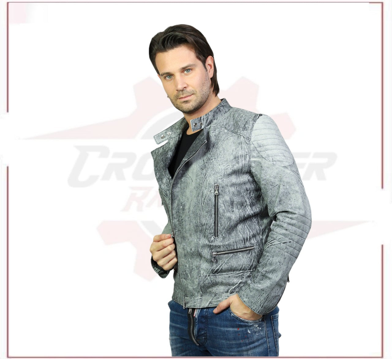 Rockstar - Men’s Grey Scratched Leather Perfecto CROSSOVER RACEWEARS