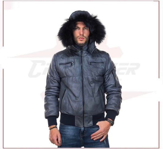 Boston - Men's Down Jacket in Genuine Blue Leather CROSSOVER RACEWEARS