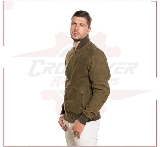 David - Men's Bomber Jacket in Genuine Light Green Suede Leather CROSSOVER RACEWEARS