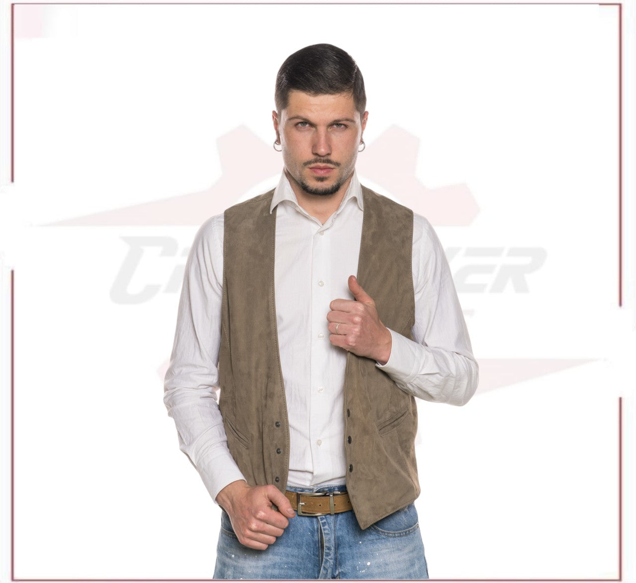 Men's Vest in Genuine Taupe Suede Leather CROSSOVER RACEWEARS