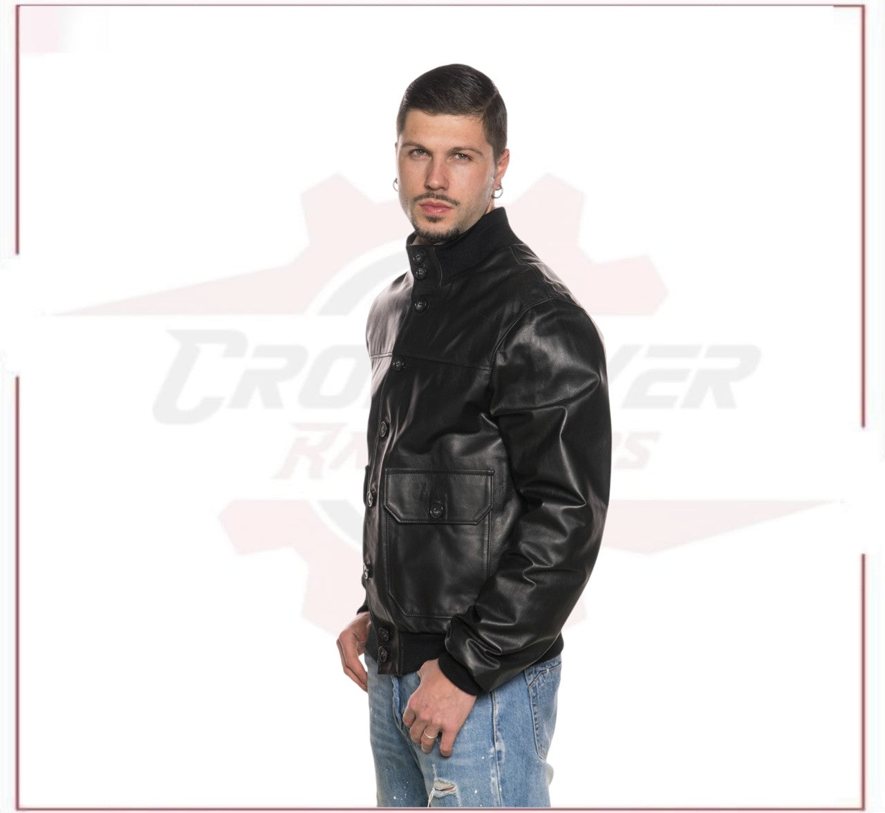 Black Bomber Jacket in real leather CROSSOVER RACEWEARS