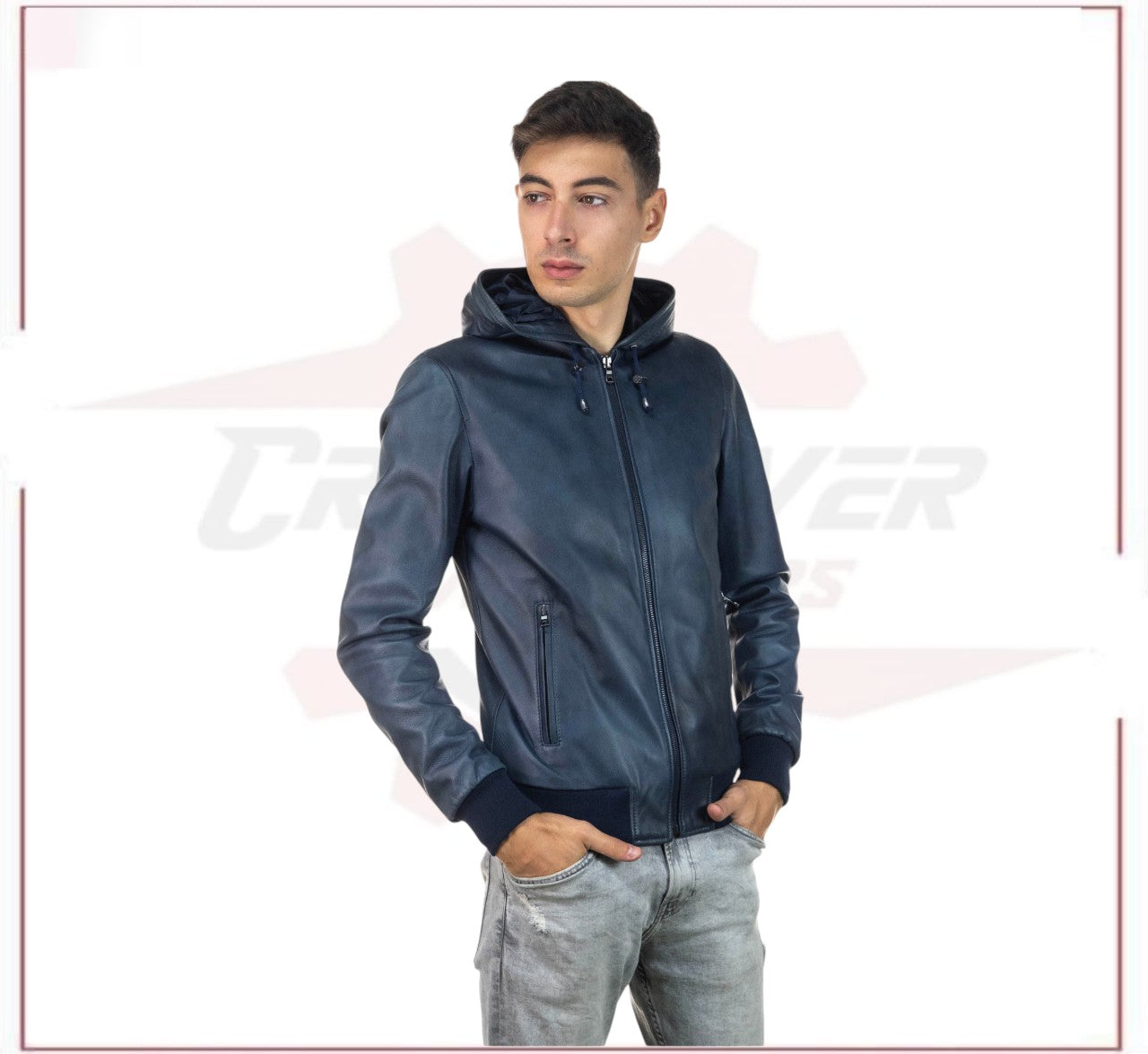 Bomber Napoli Cap - Men's Bomber Jacket in Genuine Blue Leather CROSSOVER RACEWEARS