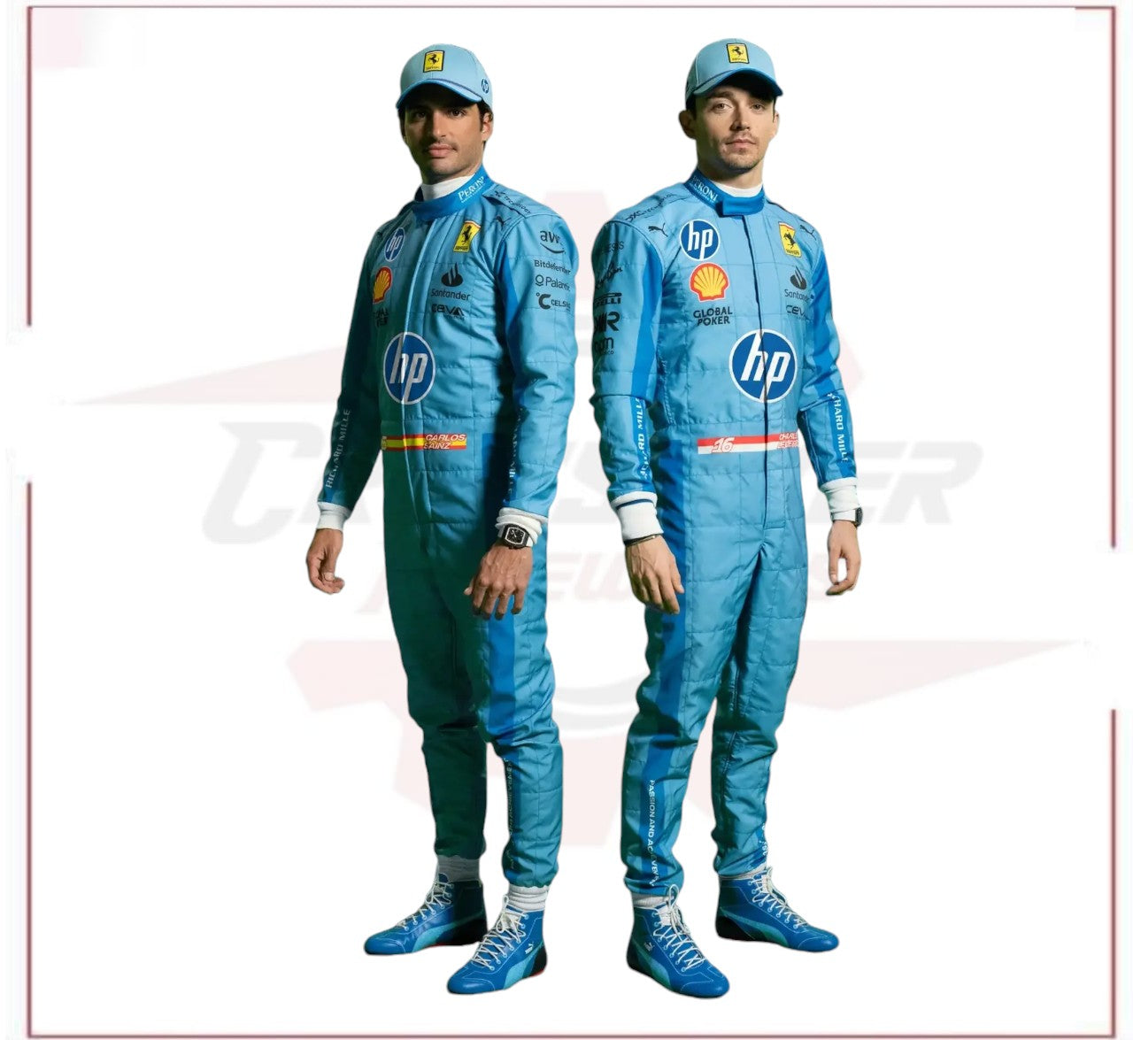New 2024 Carlos Sainz jr HP Miami  Scuderia Ferrari F1 Team Racing Suit - CROSSOVER RACEWEARS 