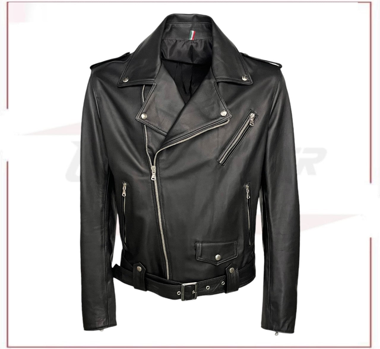 Men's jacket in Genuine Black Leather and Silver Zippers CROSSOVER RACEWEARS