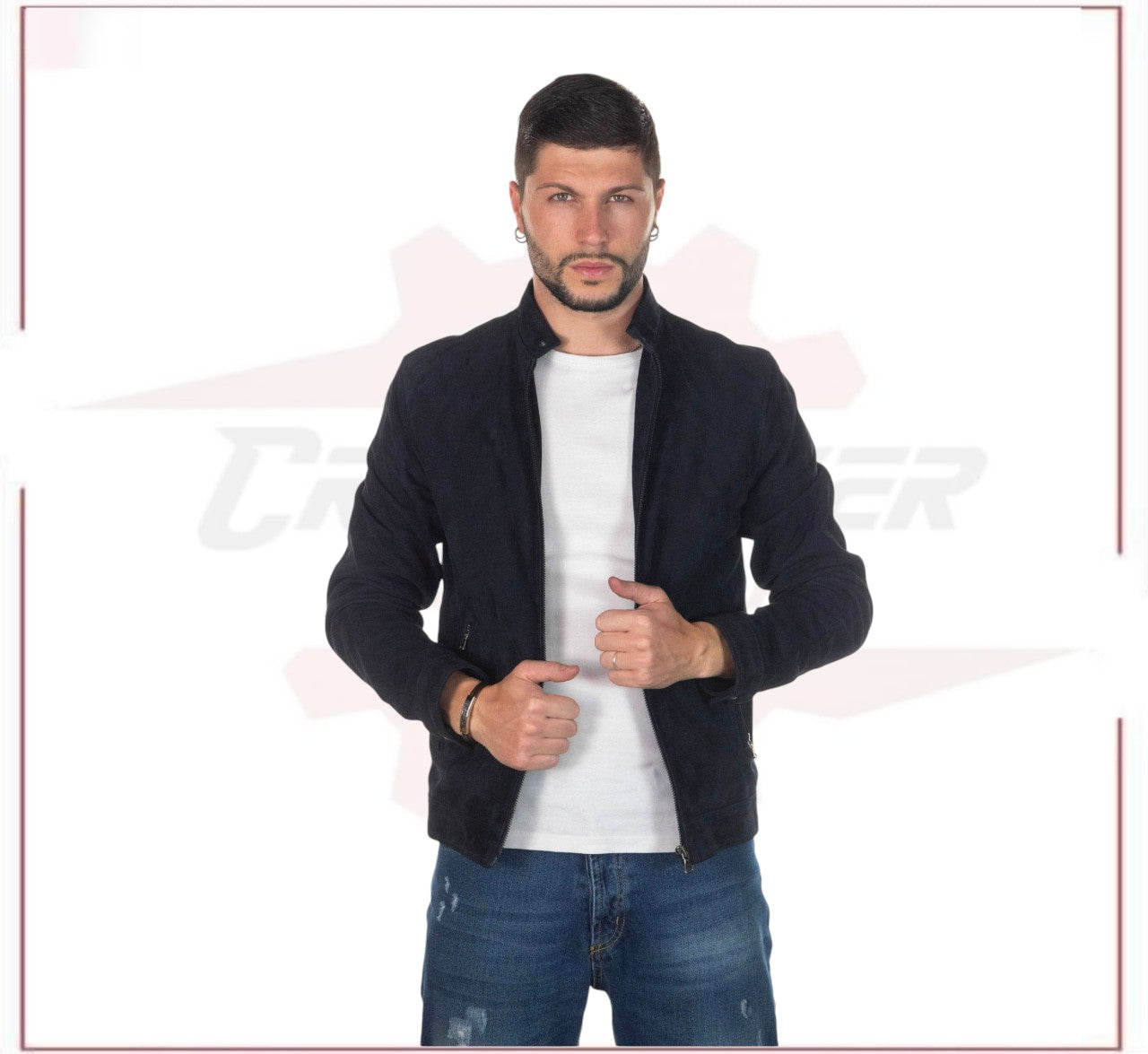 U010 - Men's Jacket in Genuine Blue Suede Leather CROSSOVER RACEWEARS