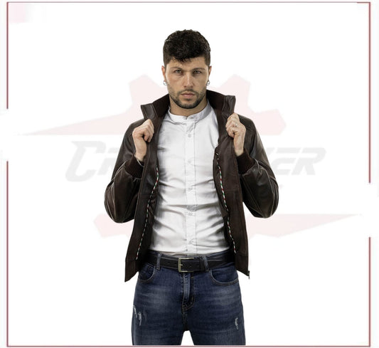 Men's Bomber Made of Genuine Dark Brown Leather CROSSOVER RACEWEARS