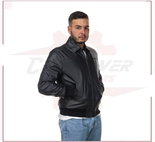 Men's Bomber Jacket in Genuine Black Leather CROSSOVER RACEWEARS