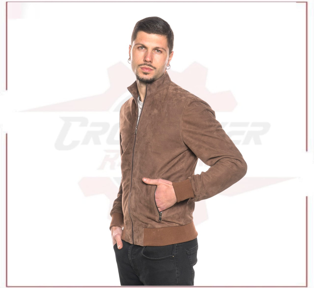 Victor - Men's Bomber Jacket in Genuine Dark Brown Suede Leather CROSSOVER RACEWEARS