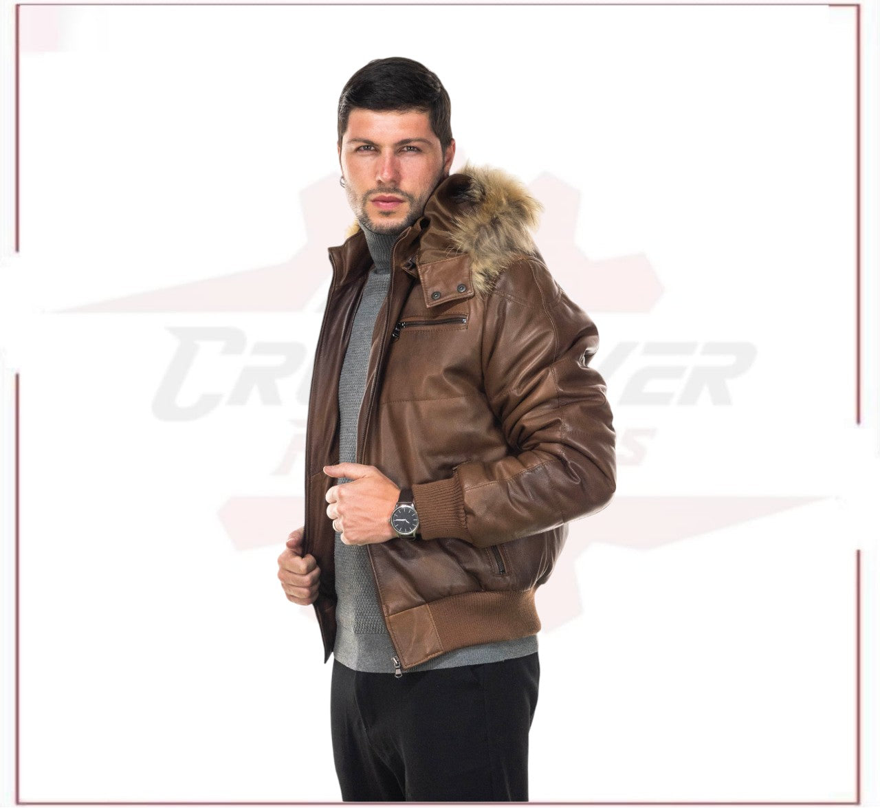 Boston - Men's Down Jacket in Genuine Brown Leather CROSSOVER RACEWEARS