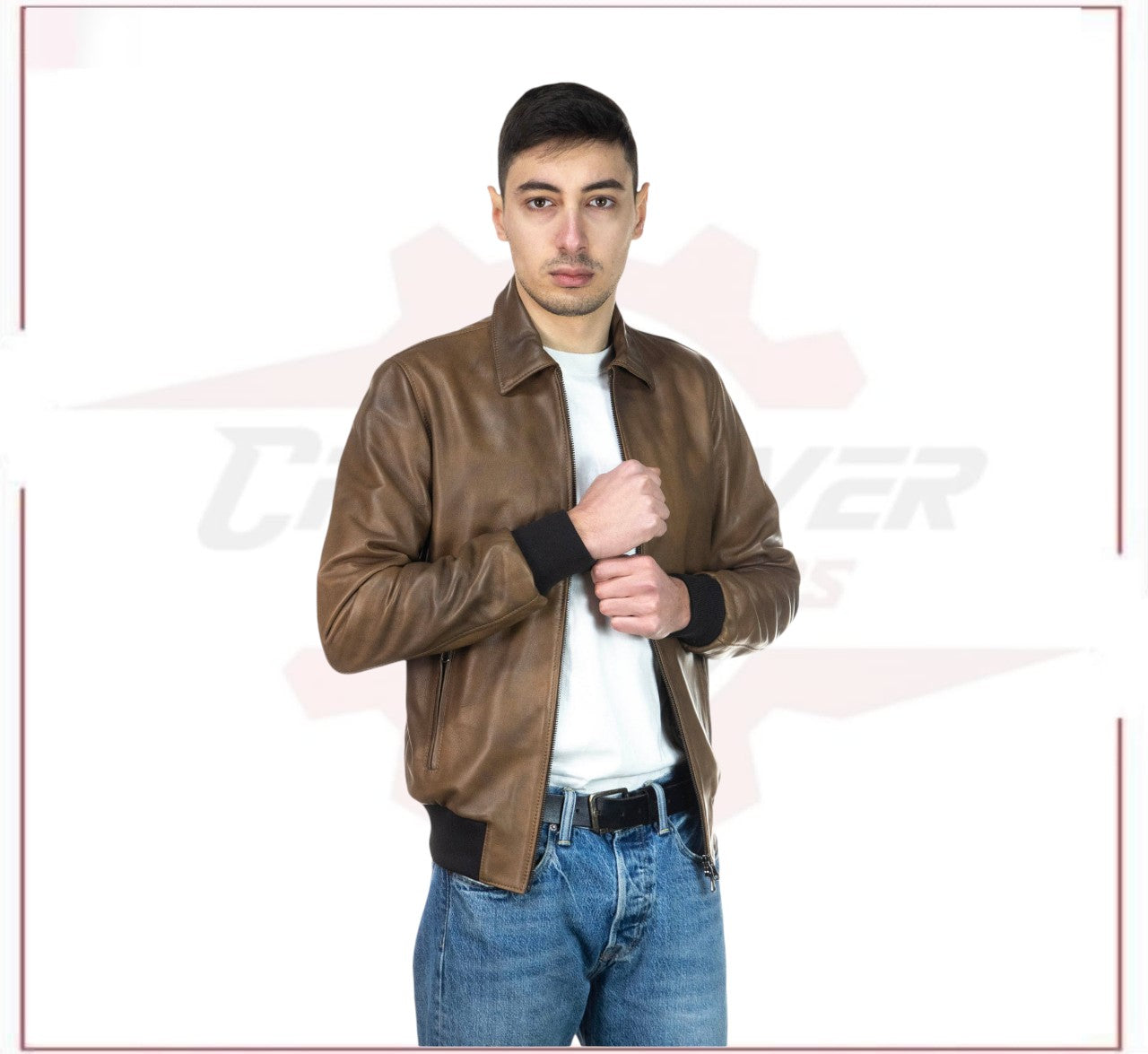 Men's Bomber Jacket in Genuine Brown Leather CROSSOVER RACEWEARS