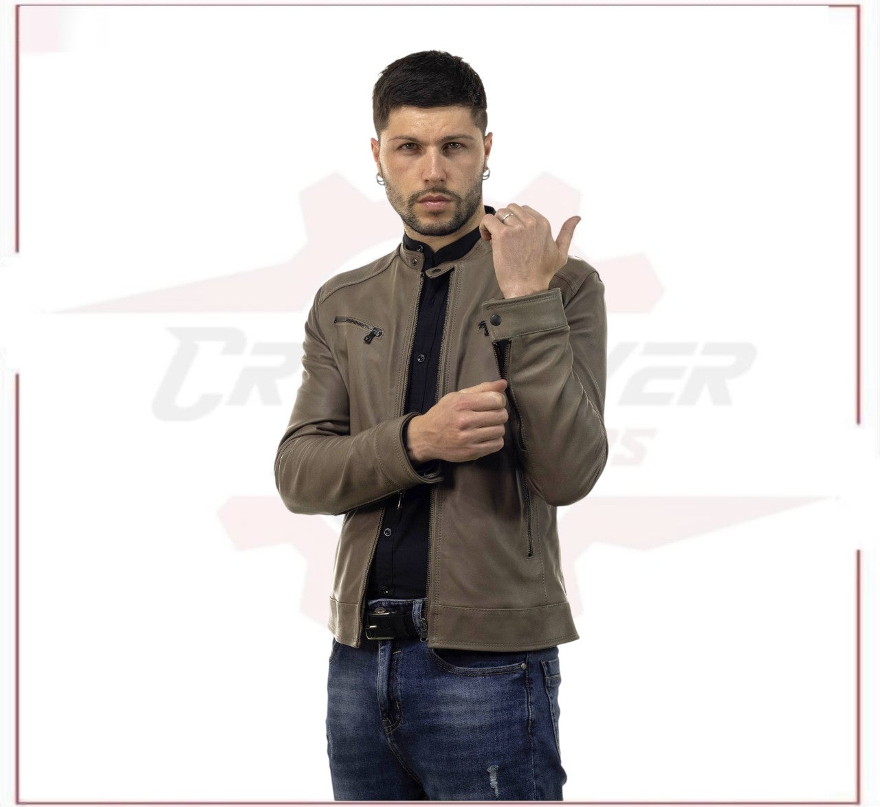 Men's Genuine Mud Colored Leather Jacket CROSSOVER RACEWEARS
