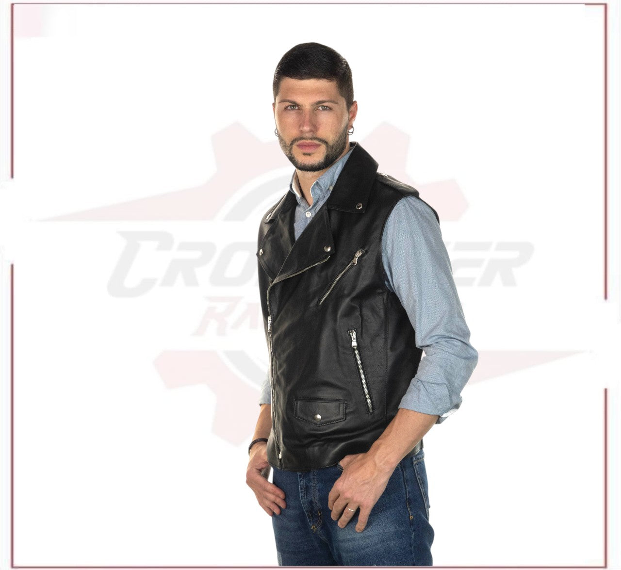 Filippo - Men's Vest in Genuine Black Leather CROSSOVER RACEWEARS
