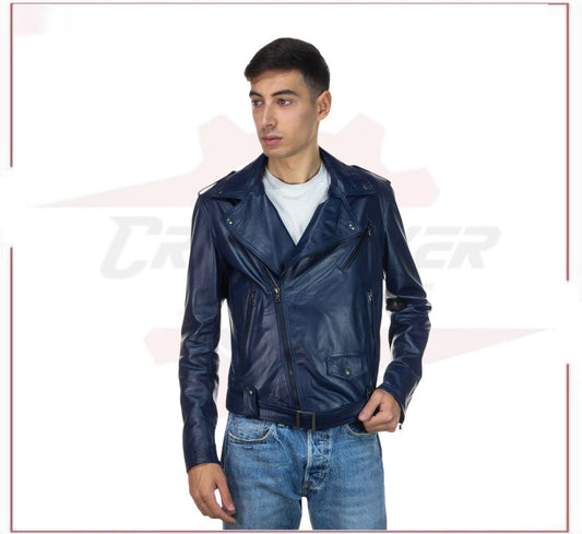 Men's jacket in Genuine Blue Leather CROSSOVER RACEWEARS