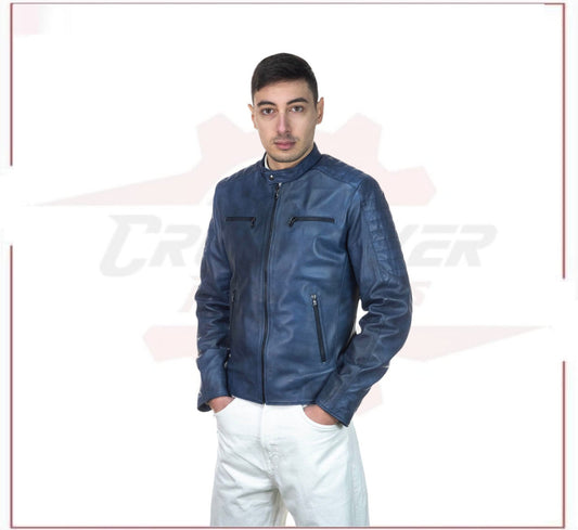 New Biker Man's Blue genuine leather CROSSOVER RACEWEARS