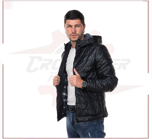 Rio - Men's Down Jacket in Genuine Black Leather CROSSOVER RACEWEARS
