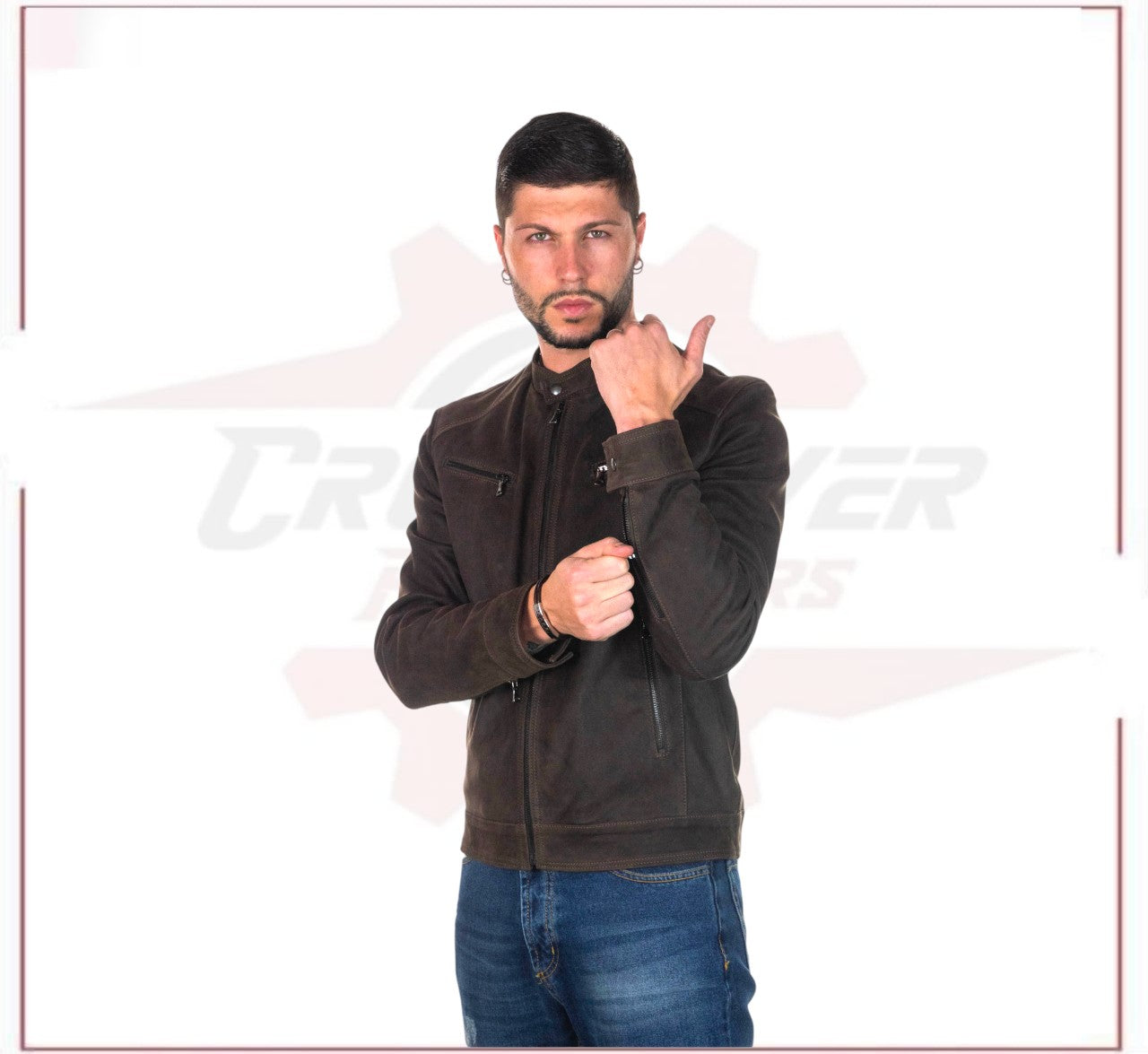 New Men's Jacket in Genuine Dark Brown Nabuk Leather CROSSOVER RACEWEARS