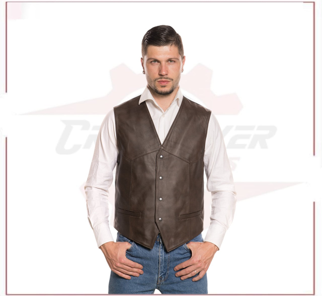Men's Vest in Genuine Dark Brown Leather CROSSOVER RACEWEARS