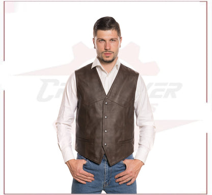 Men's Vest in Genuine Dark Brown Leather CROSSOVER RACEWEARS