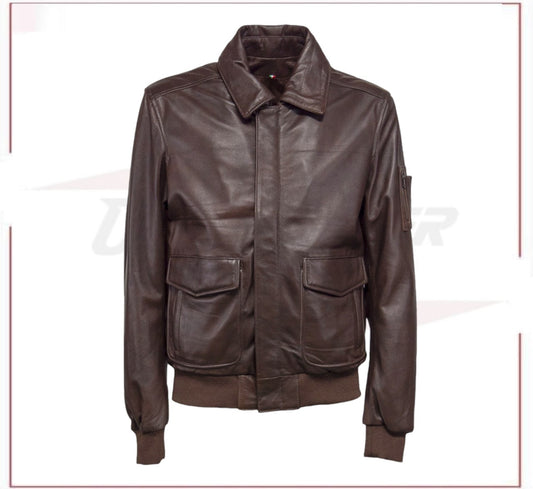 Men's Bomber Jacket in Genuine Dark Brown Leather CROSSOVER RACEWEARS
