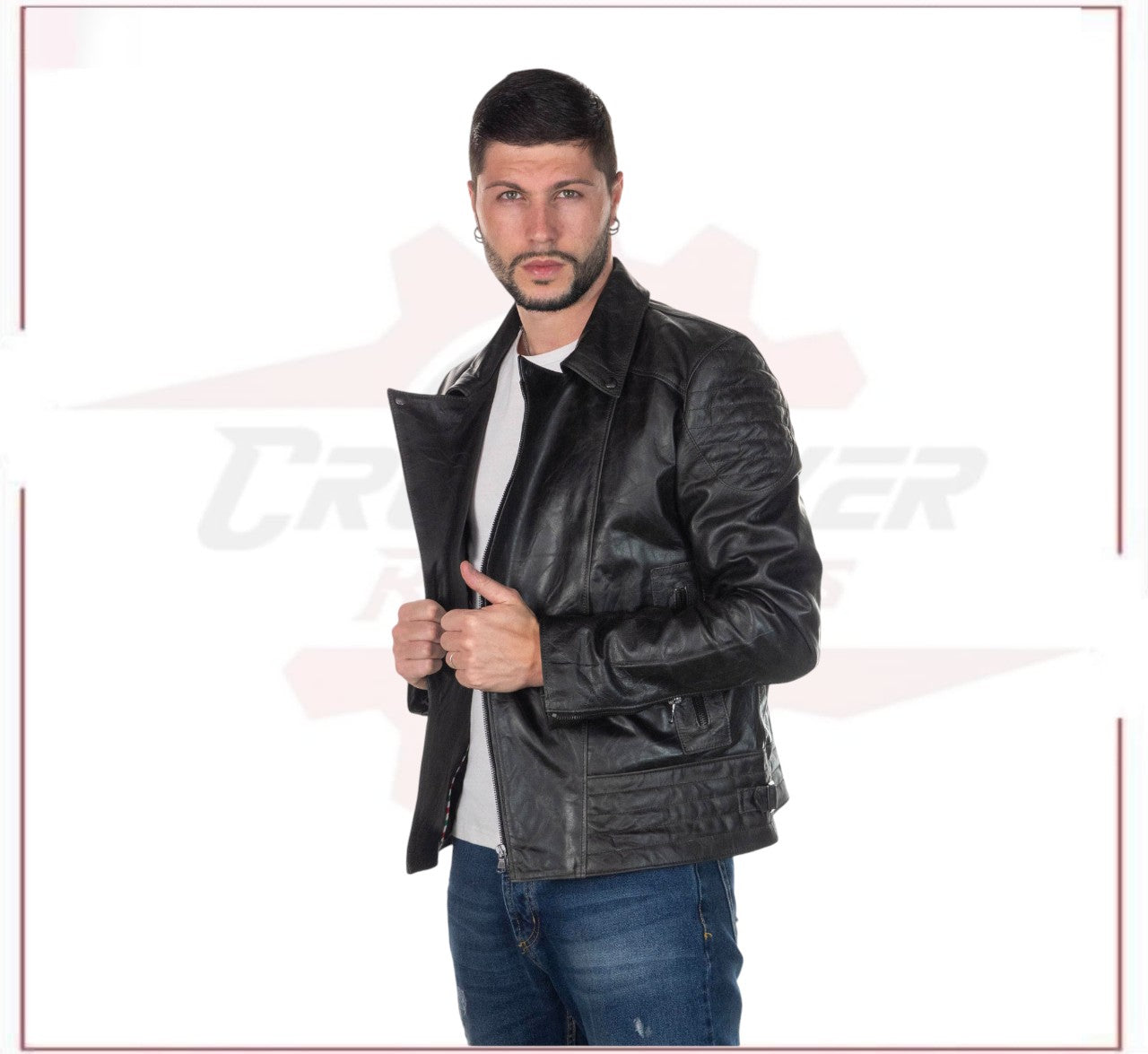 Men's Jacket in Genuine Grey Oil Vintage Leather CROSSOVER RACEWEARS