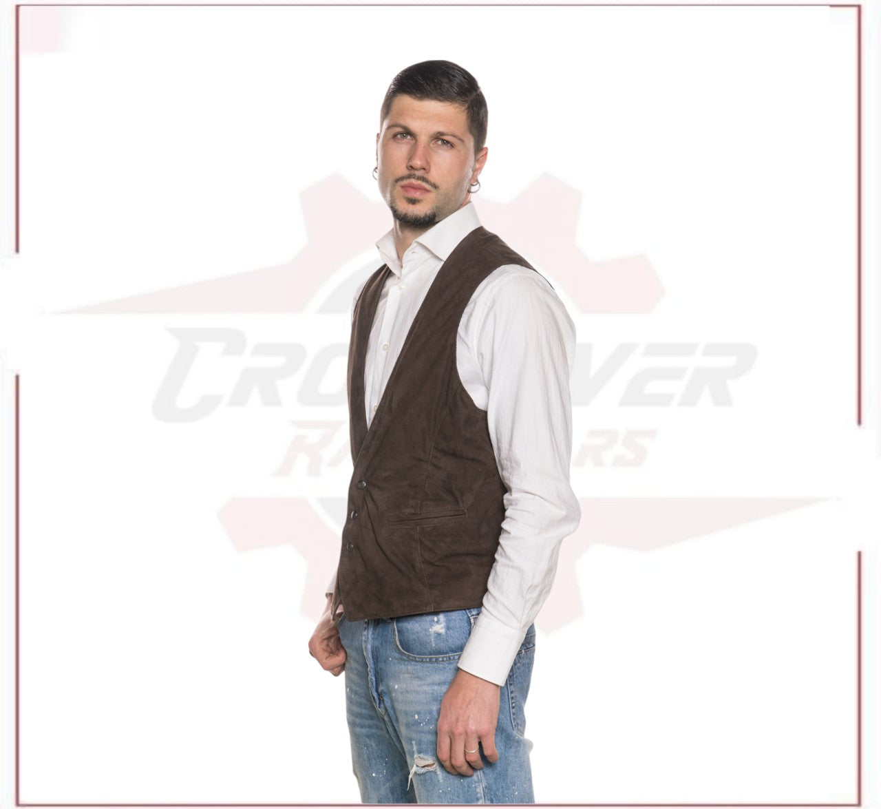 Men's Vest in Genuine Dark Brown Suede Leather CROSSOVER RACEWEARS