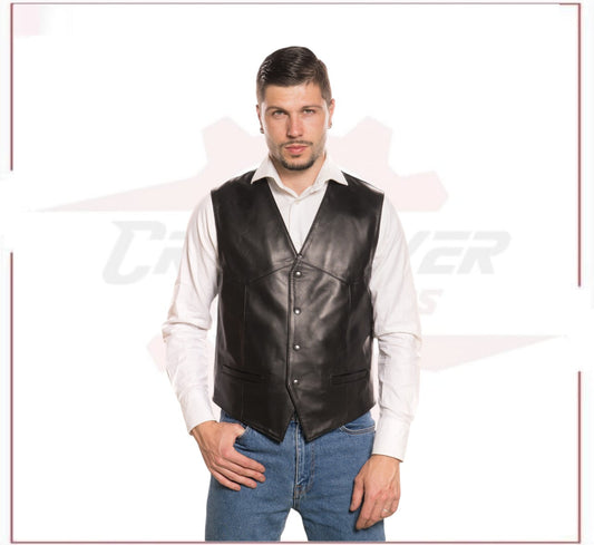 New Men's Vest in Genuine Black Leather CROSSOVER RACEWEARS