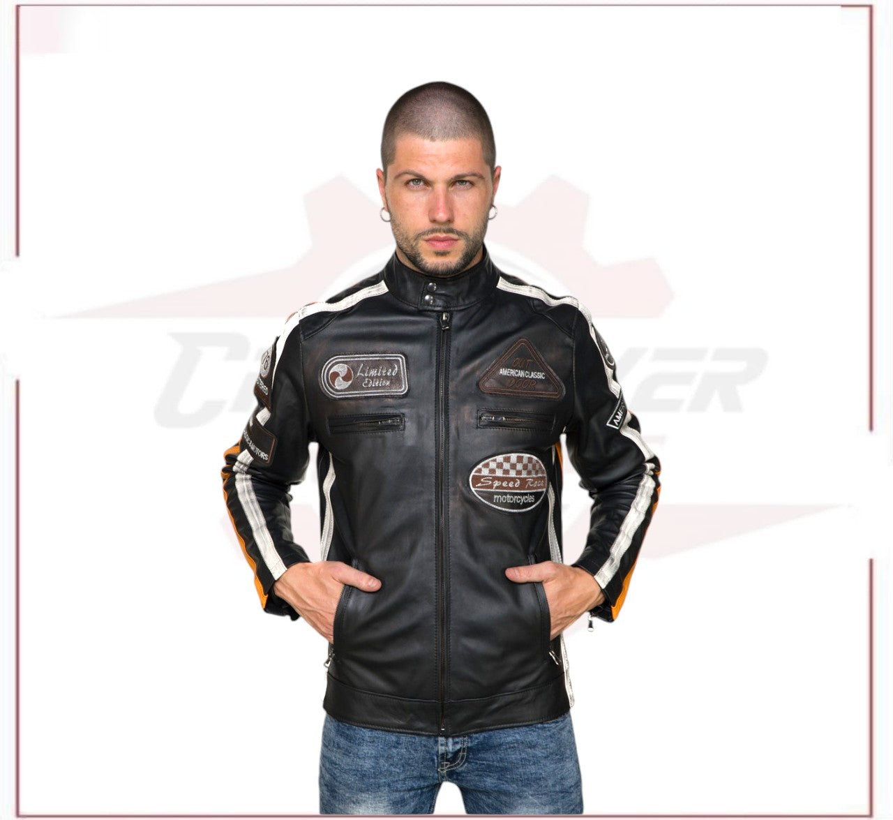 Biker Man's Jacket in genuine Black Leather CROSSOVER RACEWEARS