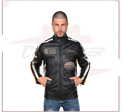 Biker Man's Jacket in genuine Black Leather CROSSOVER RACEWEARS