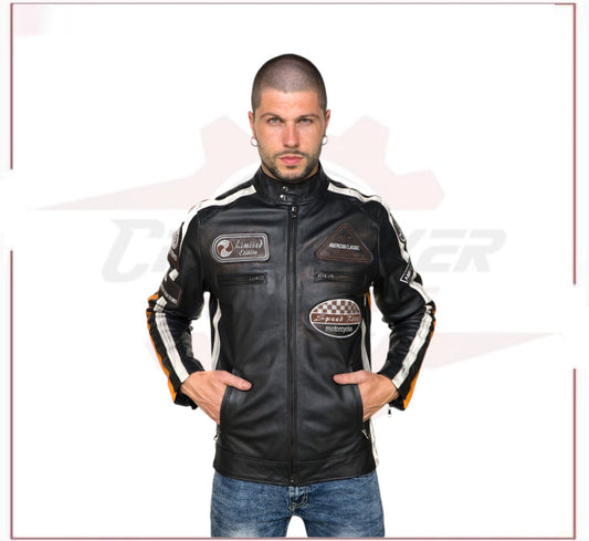 Biker Man's Jacket in genuine Black Leather CROSSOVER RACEWEARS