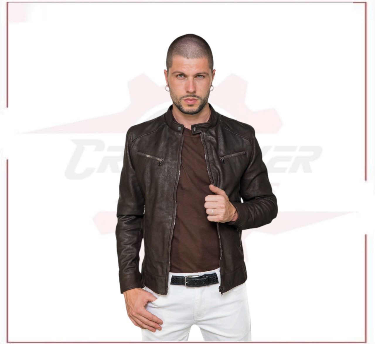 Men's Jacket in Genuine Dark Brown Nabuk Oil Leather CROSSOVER RACEWEARS