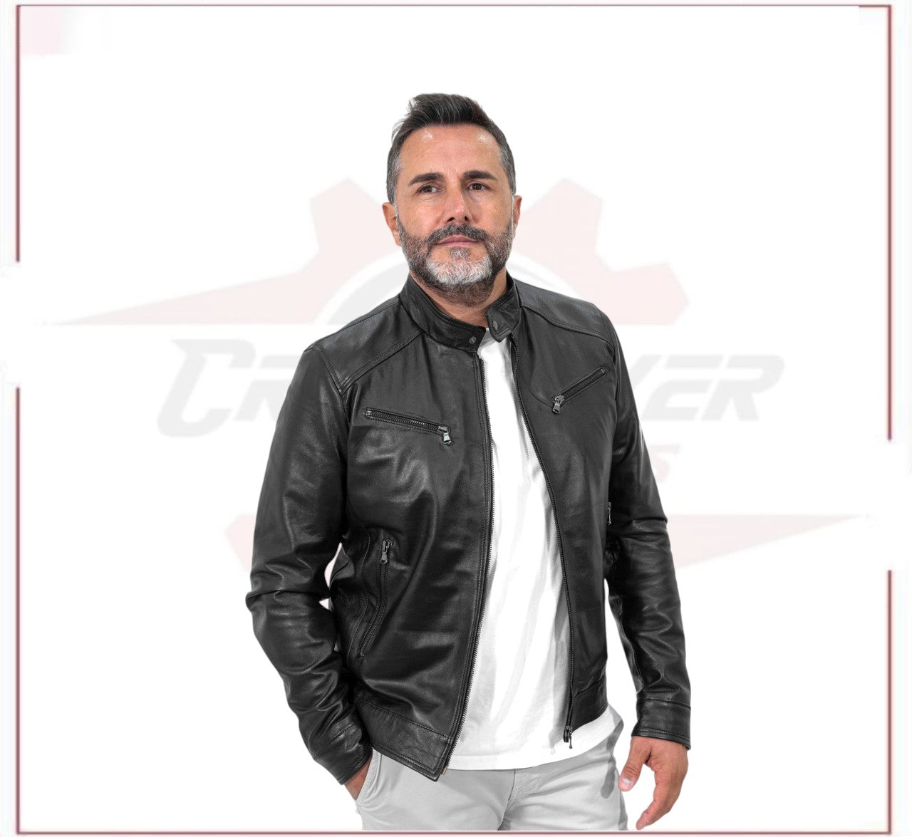 U06 - Men's Genuine Black Leather Jacket CROSSOVER RACEWEARS
