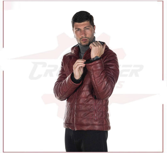 Rio - Men's Down Jacket in Genuine Bordeaux Leather CROSSOVER RACEWEARS