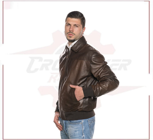 Fonzie - Men's Bomber Jacket in Genuine Dark Brown Leather CROSSOVER RACEWEARS