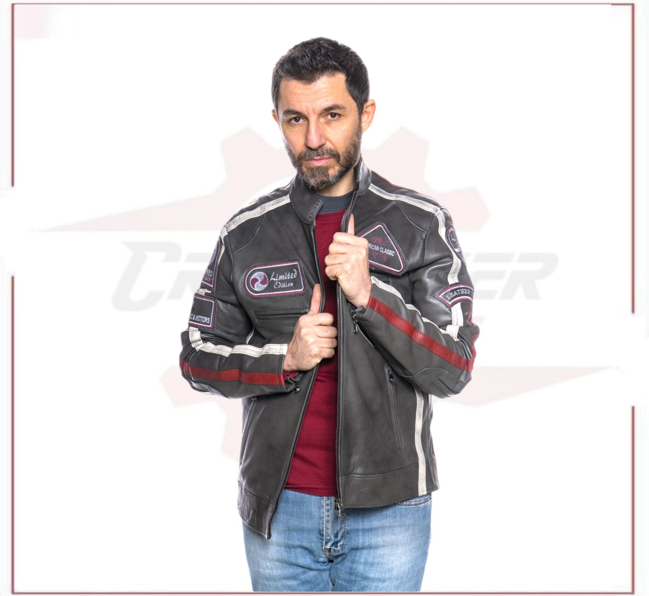 Biker Man's Jacket in genuine Dark Gray Leather CROSSOVER RACEWEARS