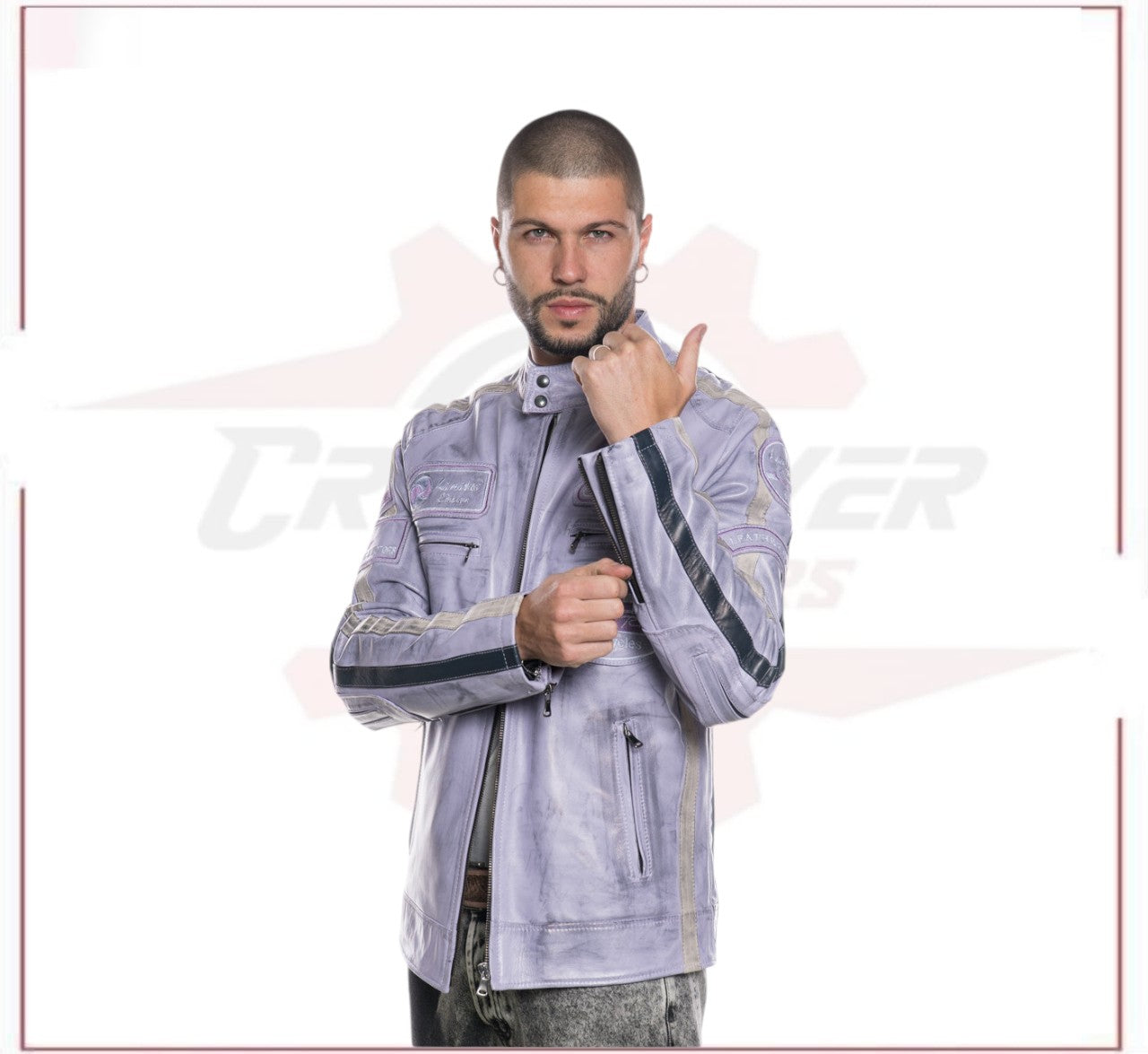 New Biker Man's Jacket in genuine Violet Leather CROSSOVER RACEWEARS