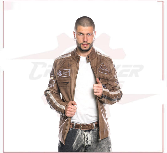Biker Man's Jacket in genuine Brown Leather of Lamb CROSSOVER RACEWEARS