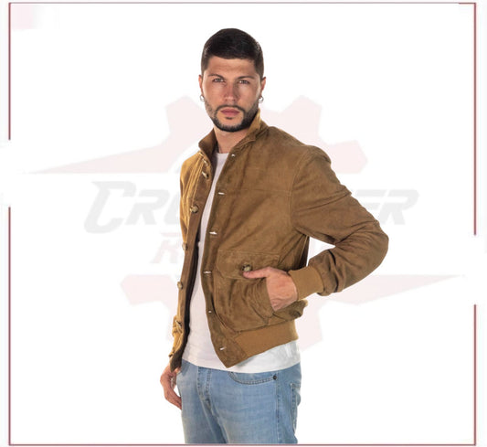 Men's Bomber Jacket in Genuine Honey Suede Leather CROSSOVER RACEWEARS
