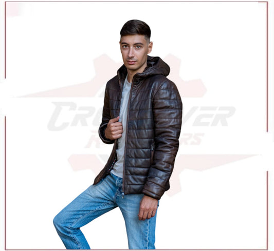 Rio - Men's Down Jacket in Genuine Dark Brown Leather CROSSOVER RACEWEARS