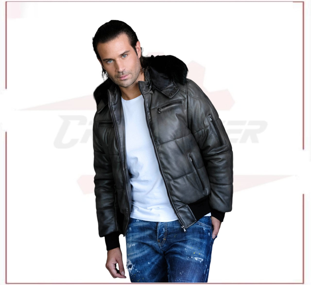 Boston - Men's Down Jacket in Genuine Grey Leather CROSSOVER RACEWEARS