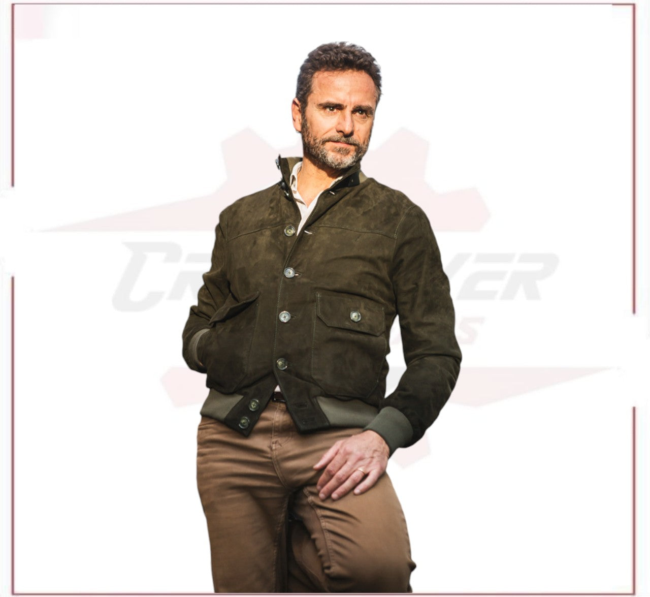 U03 Bis - Men's Bomber Jacket in Genuine Green Suede Leather CROSSOVER RACEWEARS