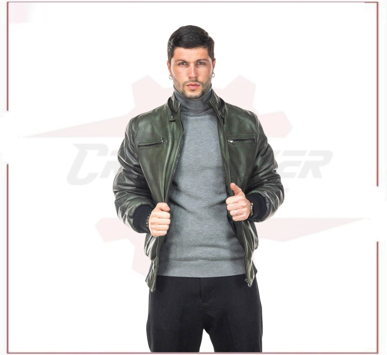 Boston - Men's Down Jacket in Genuine Green Leather CROSSOVER RACEWEARS
