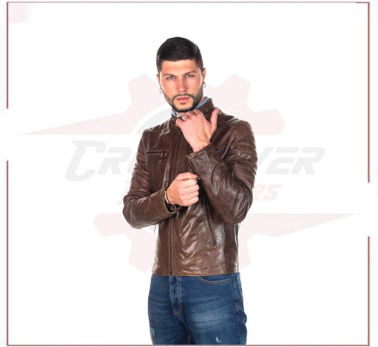 Men's Biker Jacket in Genuine Dark Brown Oil Vintage Leather CROSSOVER RACEWEARS