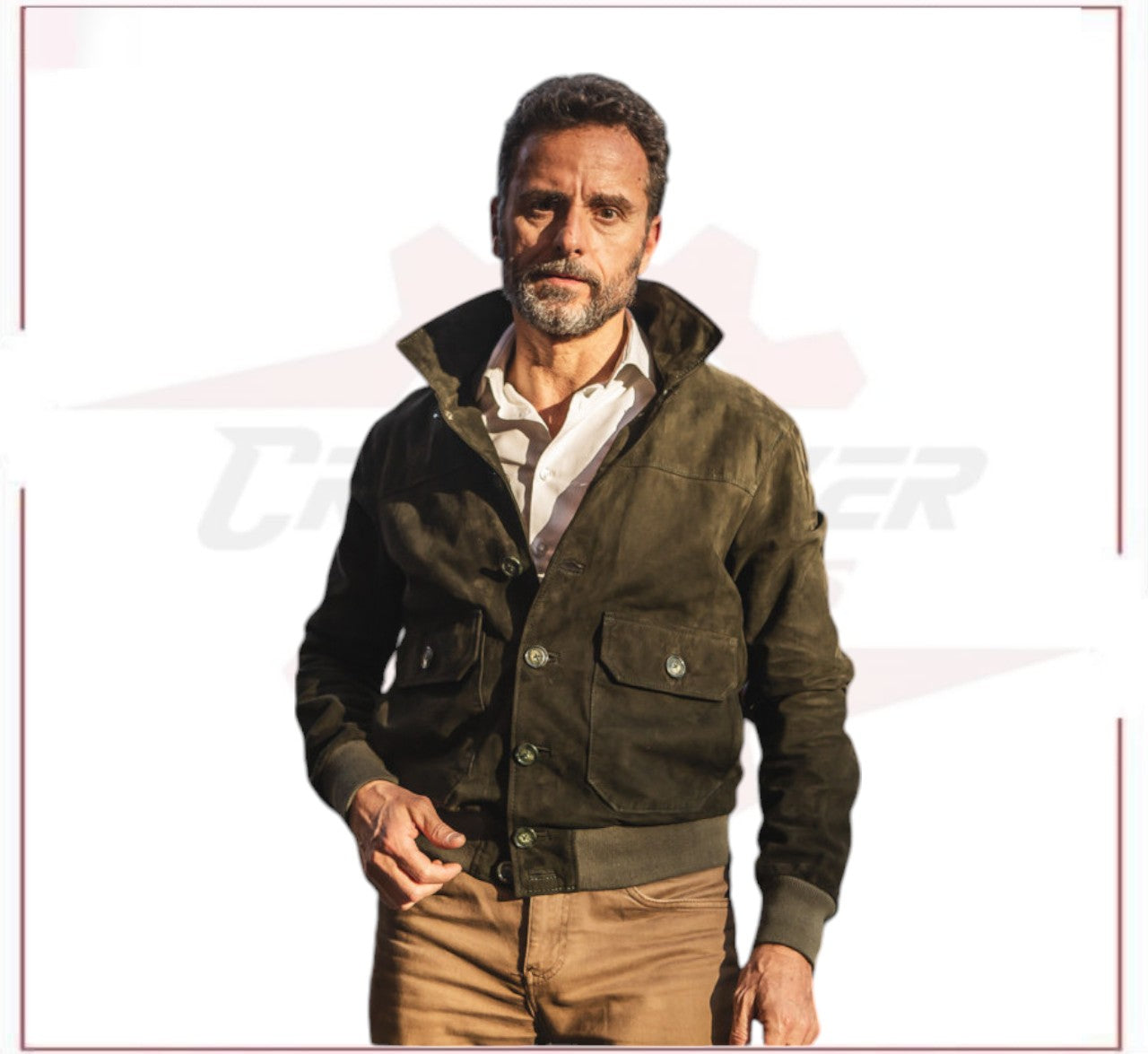 U03 - Men's Bomber Jacket in Genuine Green Suede Leather CROSSOVER RACEWEARS