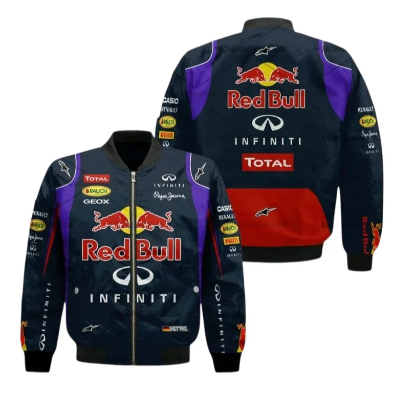Two views of a Red Bull Infiniti jacket with various sponsor logos on a white background.