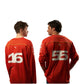 Two views of a red sports jersey with numbers on a white background