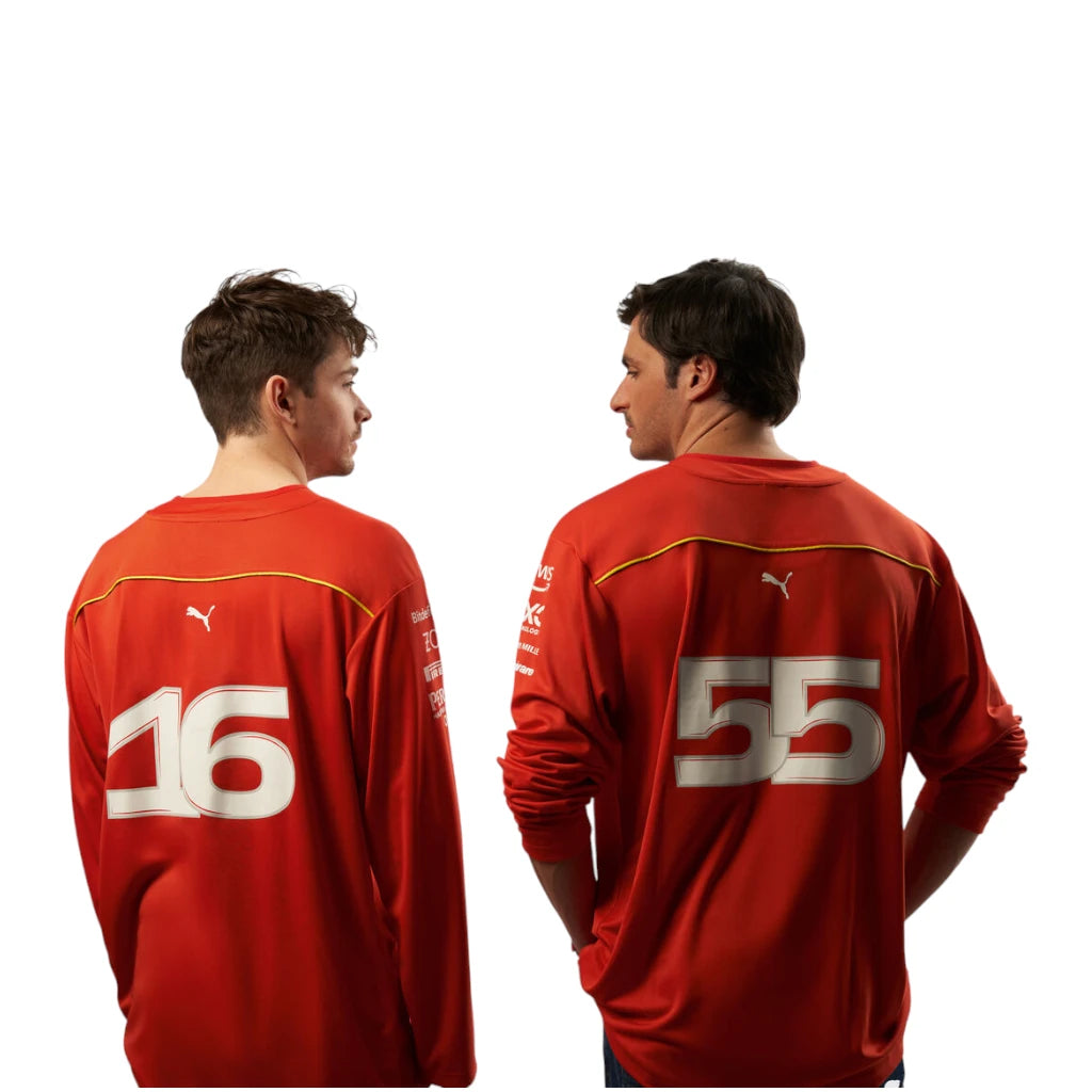 Two views of a red sports jersey with numbers on a white background