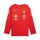 Red long-sleeve shirt with various logos on a white background