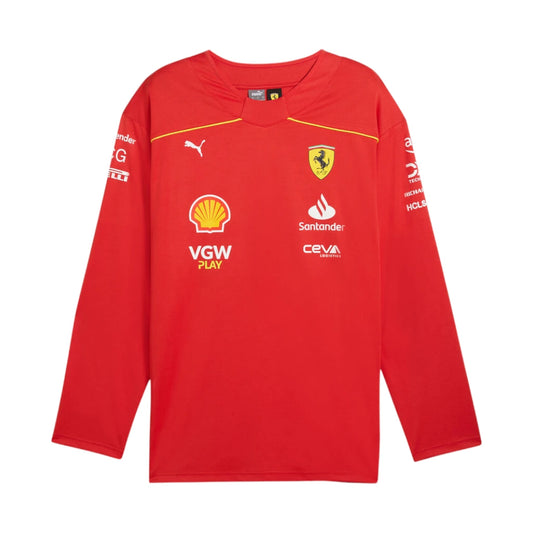 Red long-sleeve shirt with various logos on a white background
