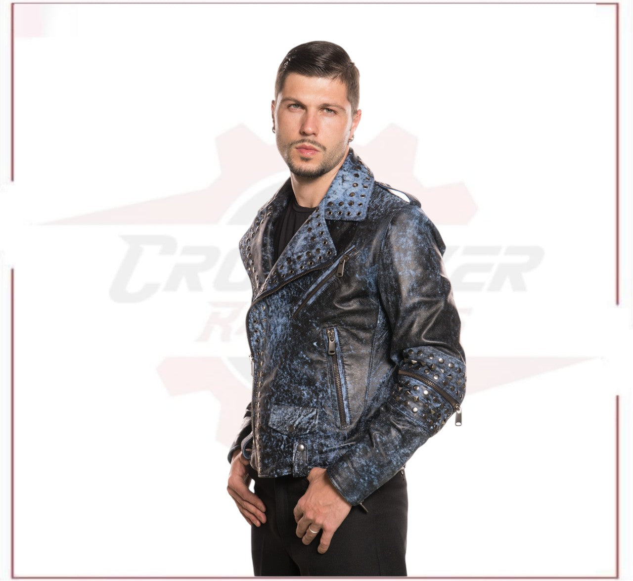 Vasco - Men's Studded Jacket in Genuine Blue Leather CROSSOVER RACEWEARS